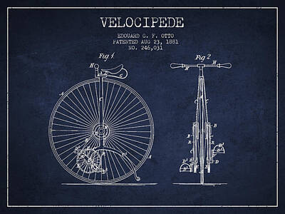 Transportation Digital Art Rights Managed Images - Velocipede Patent Drawing from 1881 - Navy Blue Royalty-Free Image by Aged Pixel