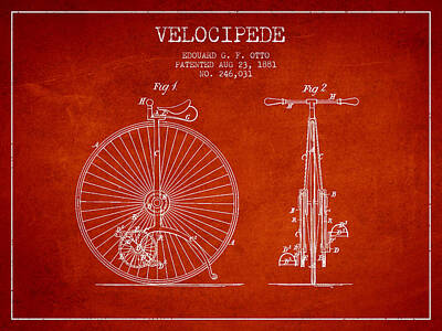 Transportation Digital Art - Velocipede Patent Drawing from 1881 - Red by Aged Pixel