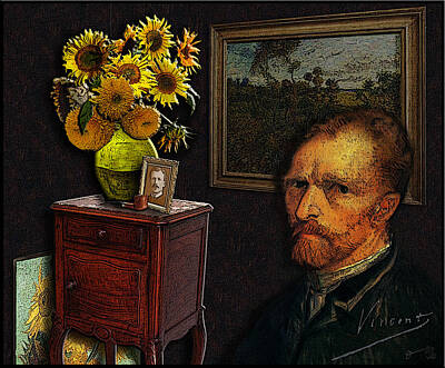 Sunflowers Drawings - Vincent sitting by the Sunflowers with a picture of Theo in his studio by Jose A Gonzalez Jr