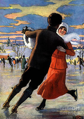 Landscapes Mixed Media Royalty Free Images - Vintage poster couples skating at Christmas on frozen pond Royalty-Free Image by Vintage Collectables