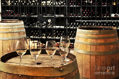 Wine Photos - Wine glasses and barrels 1 by Elena Elisseeva