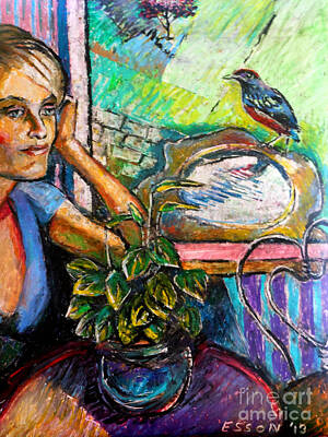 Birds Drawings - Woman and Robin by Stan Esson