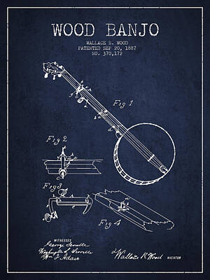 Zodiac Posters Royalty Free Images - Wood Banjo Patent Drawing From 1887 - Navy Blue Royalty-Free Image by Aged Pixel