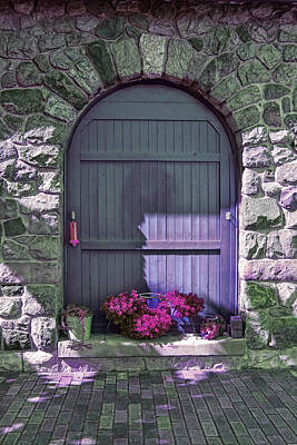 Randall Nyhof Royalty-Free and Rights-Managed Images - Wooden Door Archway with Maroon Flowers by Randall Nyhof