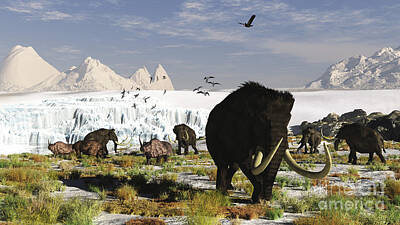 Animals Royalty-Free and Rights-Managed Images - Woolly Mammoths And Woolly Rhinos by Arthur Dorety