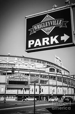 Baseball Photos - Wrigleyville Sign and Wrigley Field in Black and White by Paul Velgos