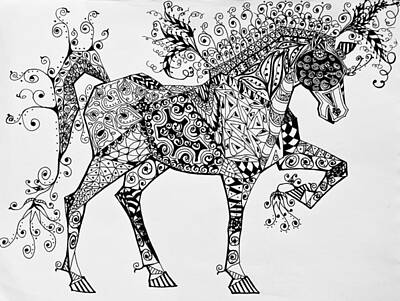 Animals Drawings - Zentangle Circus Horse by Jani Freimann