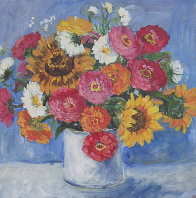 Sunflowers Paintings - Zinnias and Sunflowers Still Life by Ingrid Dohm