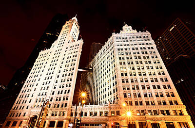 Skylines Digital Art - Chicago Downtown City  Night Photography Wrigley Square by Mark Duffy