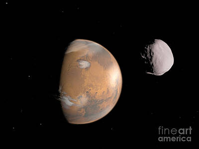 Science Fiction Royalty-Free and Rights-Managed Images - Artists Concept Of Mars And Its Moon by Walter Myers