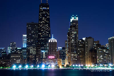 Cities Photos - Chicago Skyline at Night with John Hancock Building by Paul Velgos