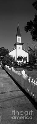 The Masters Romance - Church and picket fence in black and white by Mike Nellums
