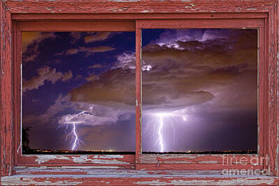 Mans Best Friend Rights Managed Images - Double Trouble Lightning Picture Red Rustic Window Frame Photo A Royalty-Free Image by James BO Insogna
