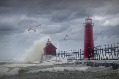 Randall Nyhof Royalty-Free and Rights-Managed Images - New Years Day Storm at the Grand Haven Lighthouse in Michigan No.0250 by Randall Nyhof