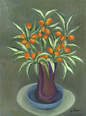 Aretha Franklin - Orange Olives Vase in purple green and a blue plate long leaves  by Rachel Hershkovitz