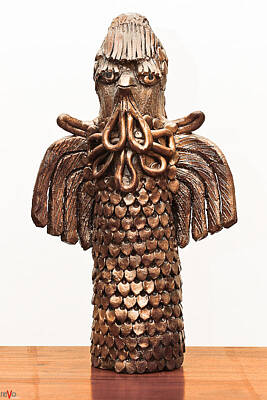 Modern Feathers Art - Owl Totem bronze gold color wings beak hair penetrating eyes  scales feathers   by Rachel Hershkovitz