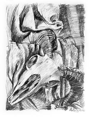 Still Life Drawings - Ram skull still-life by Adam Long