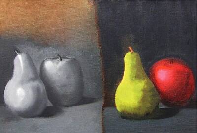 Recently Sold - Martini Painting Royalty Free Images - Red Apple Pears and Pepper in Color and Monochrome Black White Oil Food Kitchen Restaurant Chef Art Royalty-Free Image by M Zimmerman MendyZ