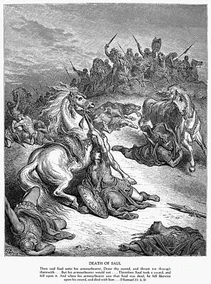 Animals Drawings - Death Of Saul by Gustave Dore