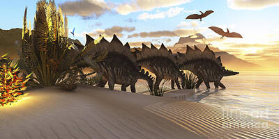 Reptiles Digital Art - Stegosaurus Dinosaurs Graze Among by Corey Ford