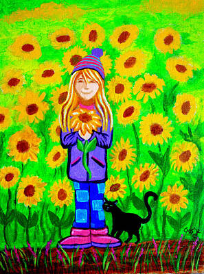 Sunflowers Paintings - Sunflower Girl and Cat by Nick Gustafson