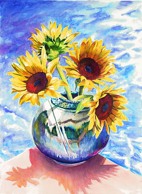 Sunflowers Paintings - Sunflowers Sunbathing by Nancy Tilles