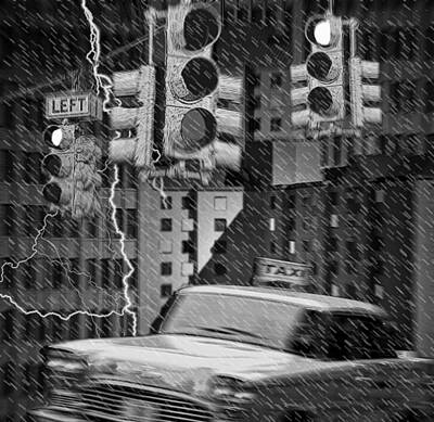 Randall Nyhof Photo Royalty Free Images - Taxi Cab in Rain Storm Royalty-Free Image by Randall Nyhof