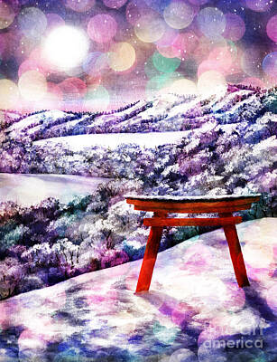 Fantasy Digital Art - Torii in Rainbow Snowfall by Laura Iverson