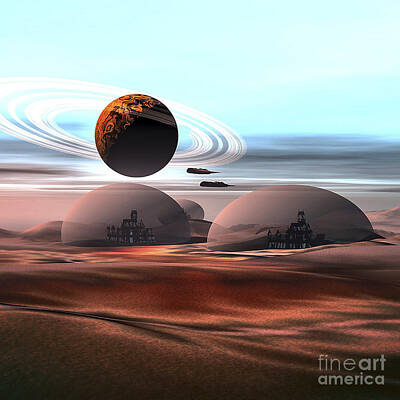Science Fiction Digital Art - Two Jet Aircraft Fly Over Dome by Corey Ford