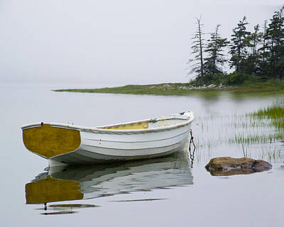 Randall Nyhof Royalty Free Images - White Boat on a Misty Morning Royalty-Free Image by Randall Nyhof