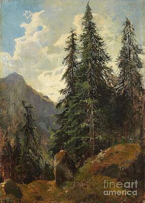 Mountain Paintings -  Mountain Landscape with Pines by Celestial Images