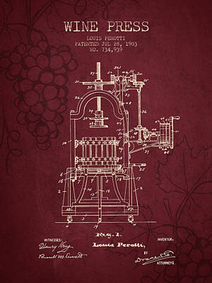 Wine Digital Art Royalty Free Images - 1903 Wine Press Patent - Red Wine Royalty-Free Image by Aged Pixel