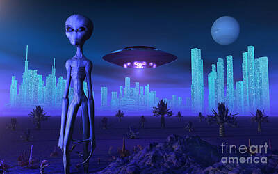 Skylines Royalty-Free and Rights-Managed Images - A Grey Alien Located On Its Homeworld by Mark Stevenson