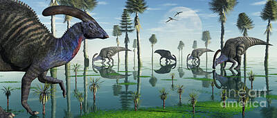 Reptiles Digital Art - A Group Of Parasaurolophus Duckbill by Mark Stevenson