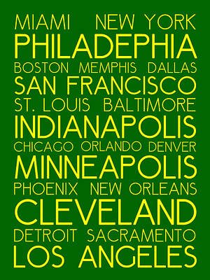Landmarks Royalty-Free and Rights-Managed Images - American Cities in Bus Roll Destination Map Style Poster  by Celestial Images
