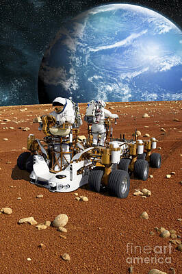 Surrealism Photo Royalty Free Images - Astronauts Explore A Barren Moon Royalty-Free Image by Marc Ward