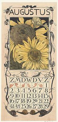 Sunflowers Paintings - Calendar magazine August with sunflowers, Theo van Hoytema, 1902 by Theo van Hoytema