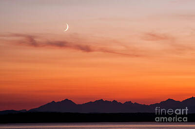 The Masters Romance - Crescent Moon Setting over Olympic Mountains by Jim Corwin