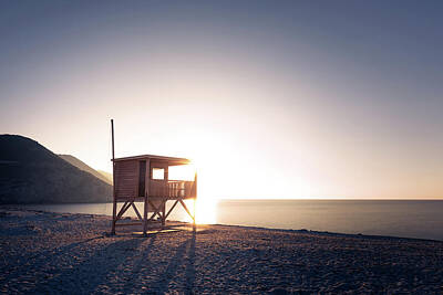 Autumn Pies - Evening sun on lifeguard tower on Ostriconi beach in Corsica by Jon Ingall