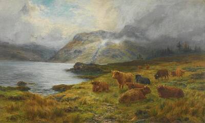Classical Masterpiece Still Life Paintings - Highland Cattle Resting By A Loch by MotionAge Designs