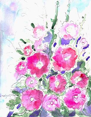 Florals Drawings - Hollyhocks by Carolyn Alston Thomas