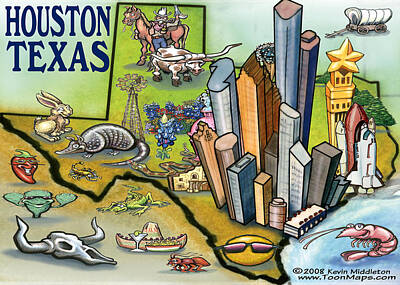 Spiral Staircases - Houston Texas Cartoon Map by Kevin Middleton