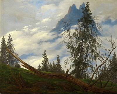 Mountain Paintings - Mountain Peak With Drifting Clouds by Caspar David Friedrich