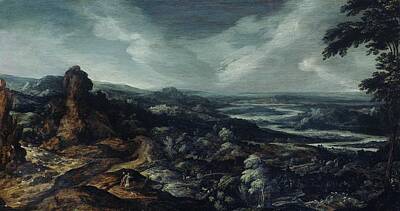 Graduation Hats - Panoramic Landscape with Tobias and the Angel, Kerstiaen de Keuninck attributed to, 1615 - 1625 by Kerstiaen de Keuninck