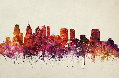 Skylines Paintings - Philadelphia Cityscape 09 by Aged Pixel