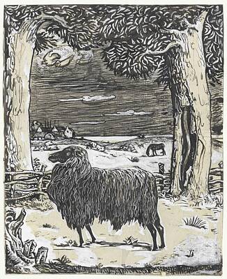 Comics Paintings - Sheep in a landscape with two trees, Richard Roland Holst, 1878 - 1938 by Richard Roland Holst