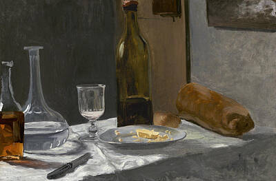Wine Royalty Free Images - Still Life With Bottle Carafe Bread And Wine Royalty-Free Image by Claude Monet