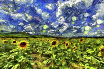 Sunflowers Royalty-Free and Rights-Managed Images - Sunflower Field Van Gogh by David Pyatt