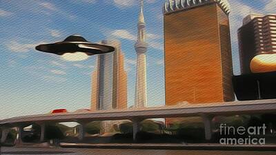 Science Fiction Paintings - UFO Over City by Esoterica Art Agency