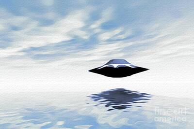 Science Fiction Painting Royalty Free Images - UFO Over Water Royalty-Free Image by Esoterica Art Agency